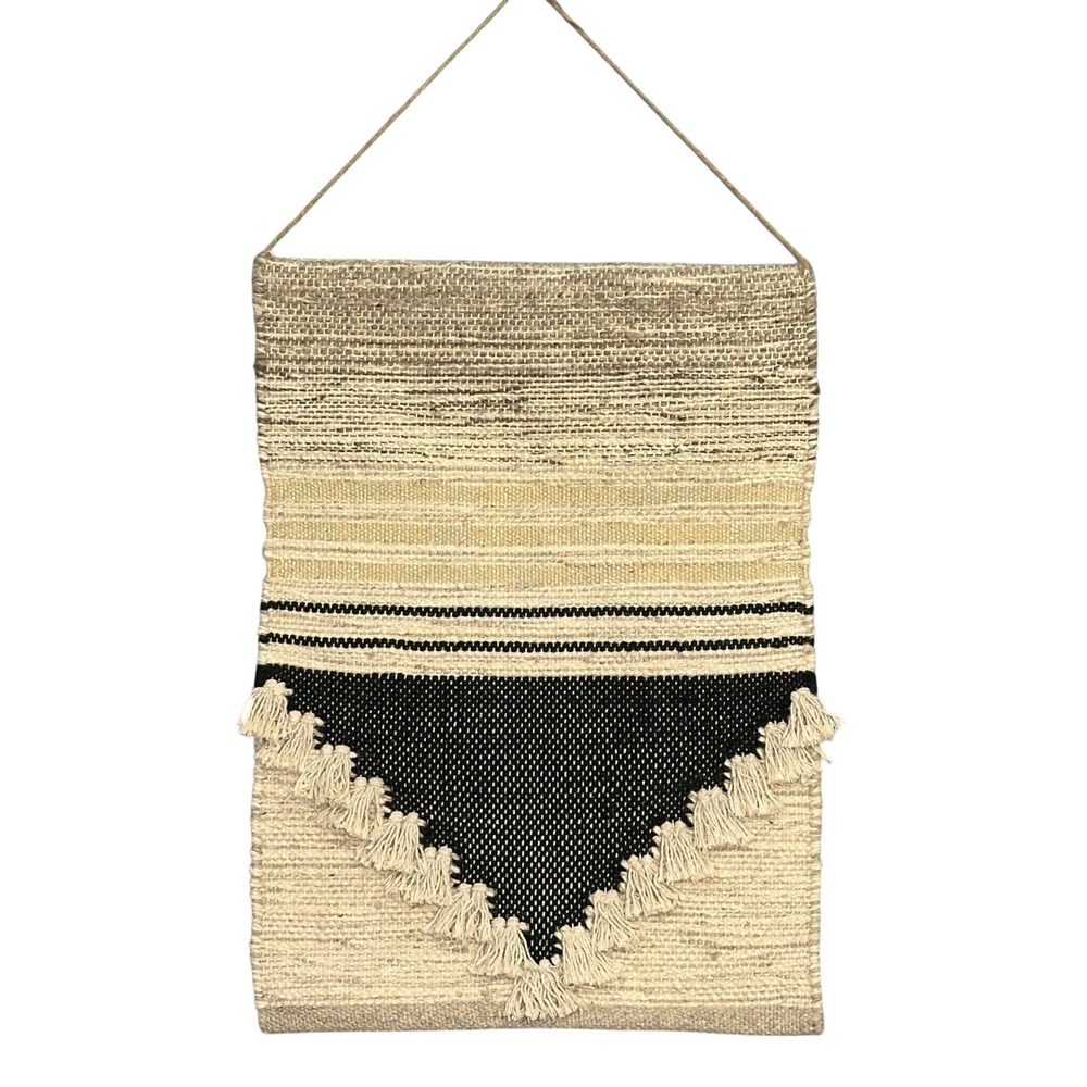 Threshold Woven Geometric Wall Hanging Tassel Trim Beige Black Boho Decor 18x25